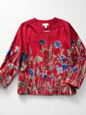 Appleseed's Floral Cotton Jacket Red Botanical Spring Cottagecore L